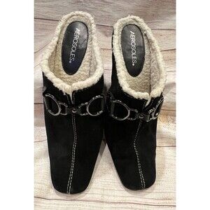 Aerosoles Cinch Shearly US 8.5 Black Suede Slide Slip On Heel Mule Clog